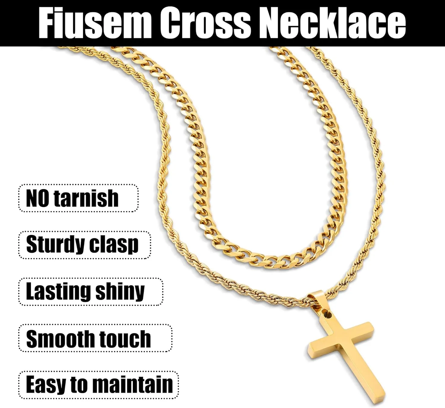 Fiusem 2 Pcs Cross Necklace Chain for Men and Women, Layered Mens Cross Necklaces Stainless Steel Pendant Cuban Link Rope Chain 16-26 Inch