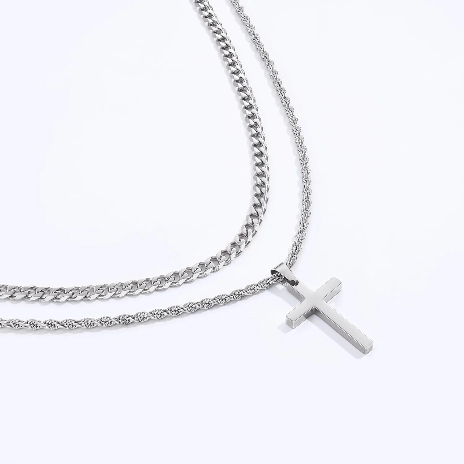 Fiusem 2 Pcs Cross Necklace Chain for Men and Women, Layered Mens Cross Necklaces Stainless Steel Pendant Cuban Link Rope Chain 16-26 Inch