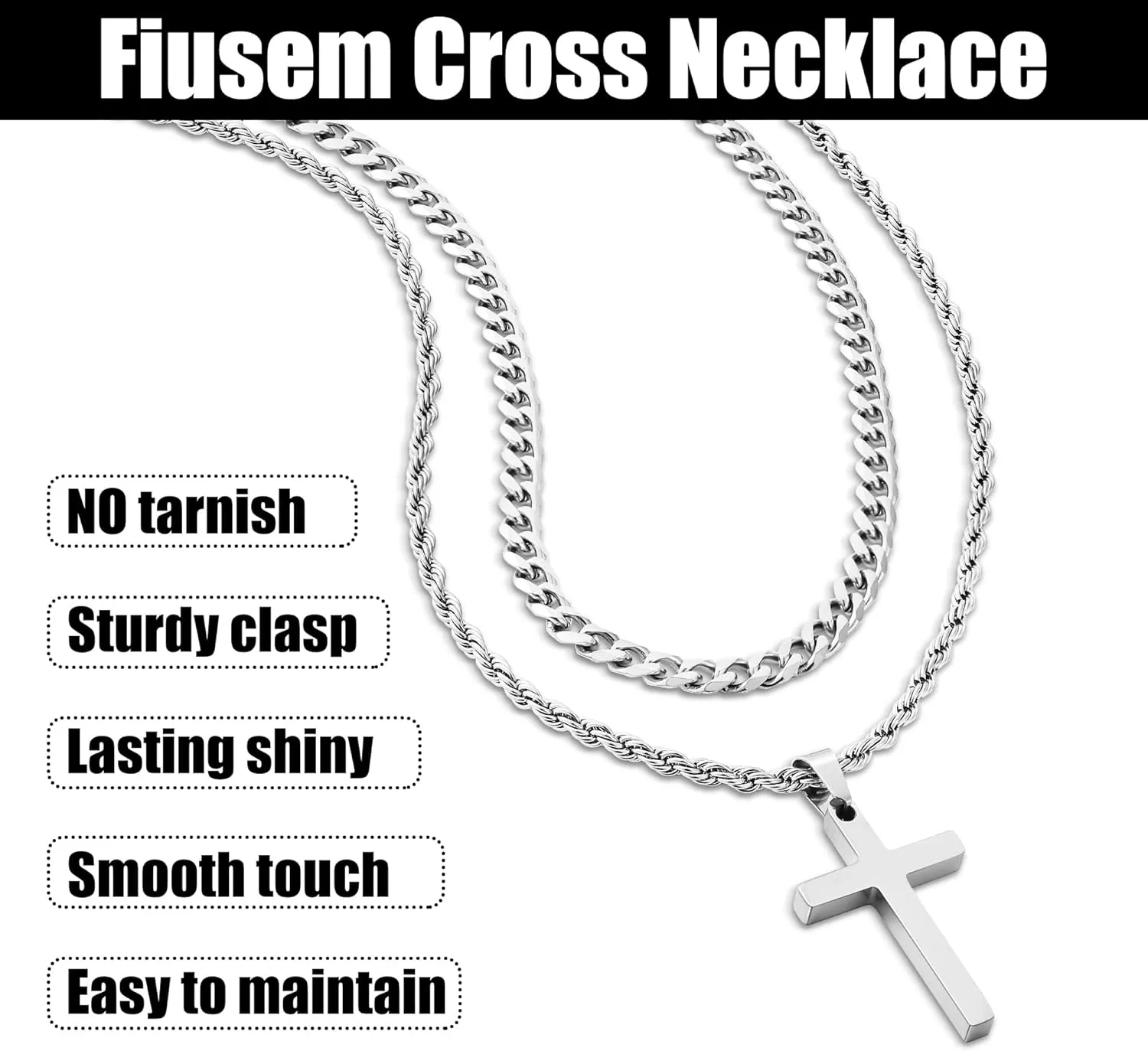 Fiusem 2 Pcs Cross Necklace Chain for Men and Women, Layered Mens Cross Necklaces Stainless Steel Pendant Cuban Link Rope Chain 16-26 Inch