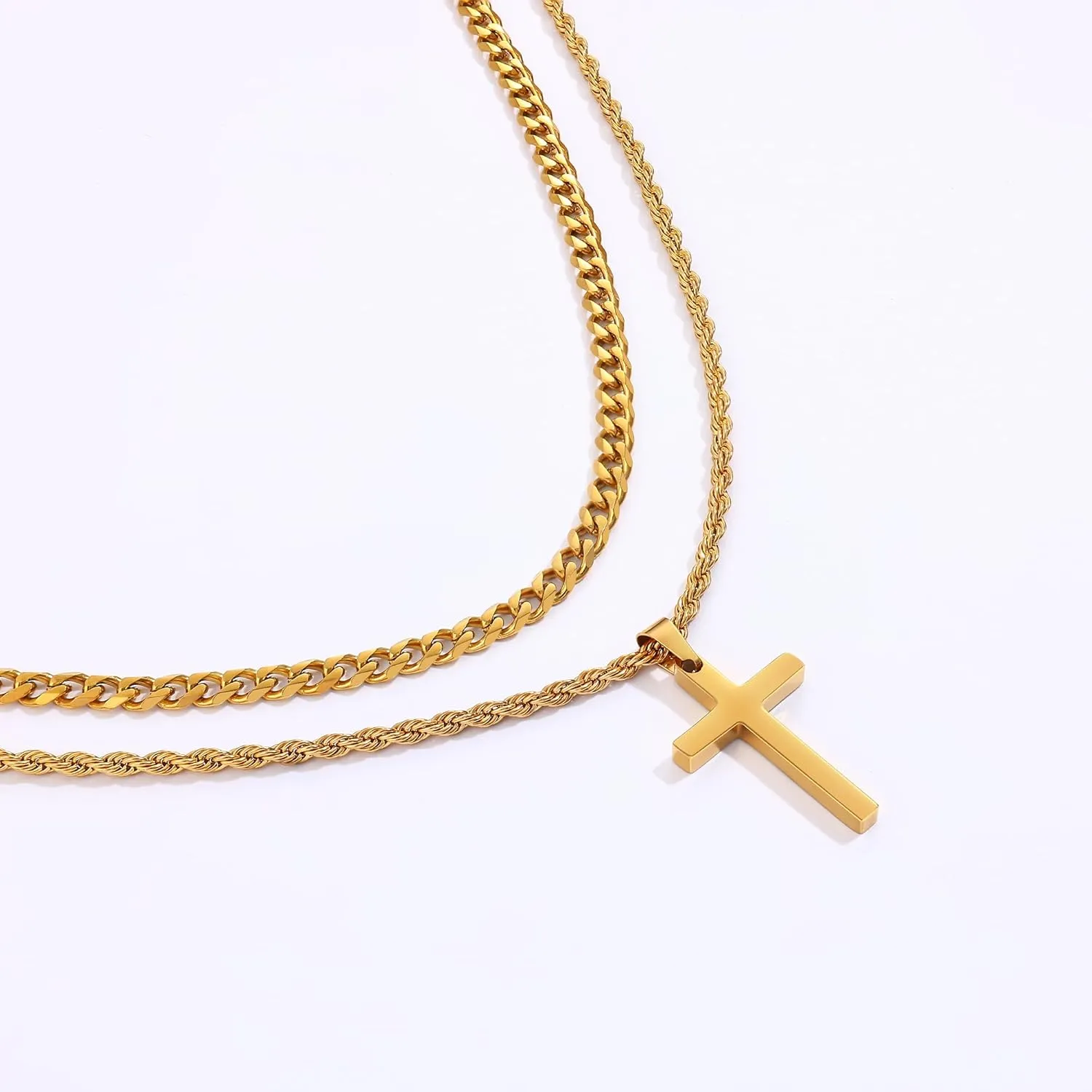 Fiusem 2 Pcs Cross Necklace Chain for Men and Women, Layered Mens Cross Necklaces Stainless Steel Pendant Cuban Link Rope Chain 16-26 Inch