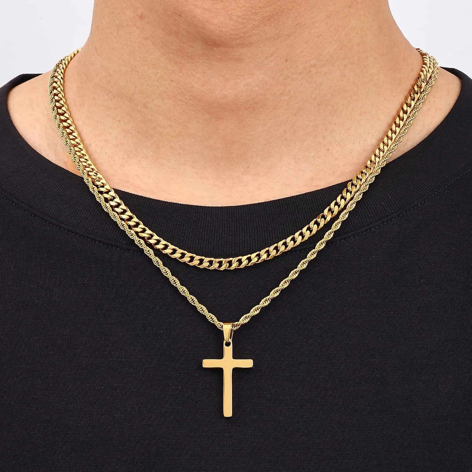 Fiusem 2 Pcs Cross Necklace Chain for Men and Women, Layered Mens Cross Necklaces Stainless Steel Pendant Cuban Link Rope Chain 16-26 Inch
