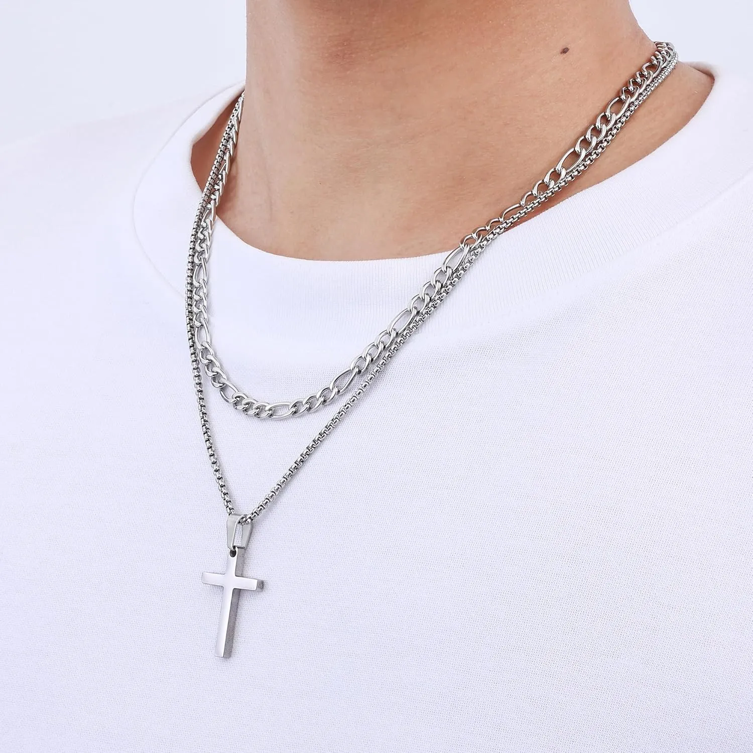 Fiusem 2 Pcs Cross Necklace Chain for Men and Women, Stainless Steel Layered Mens Cross Necklaces with Pendant, Figaro and Box Chain 16-24 Inch