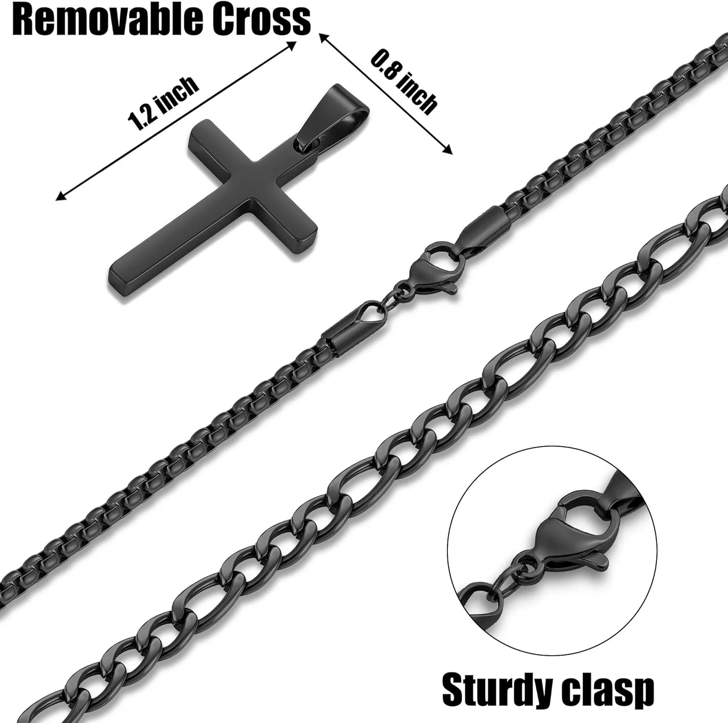 Fiusem 2 Pcs Cross Necklace Chain for Men and Women, Stainless Steel Layered Mens Cross Necklaces with Pendant, Figaro and Box Chain 16-24 Inch