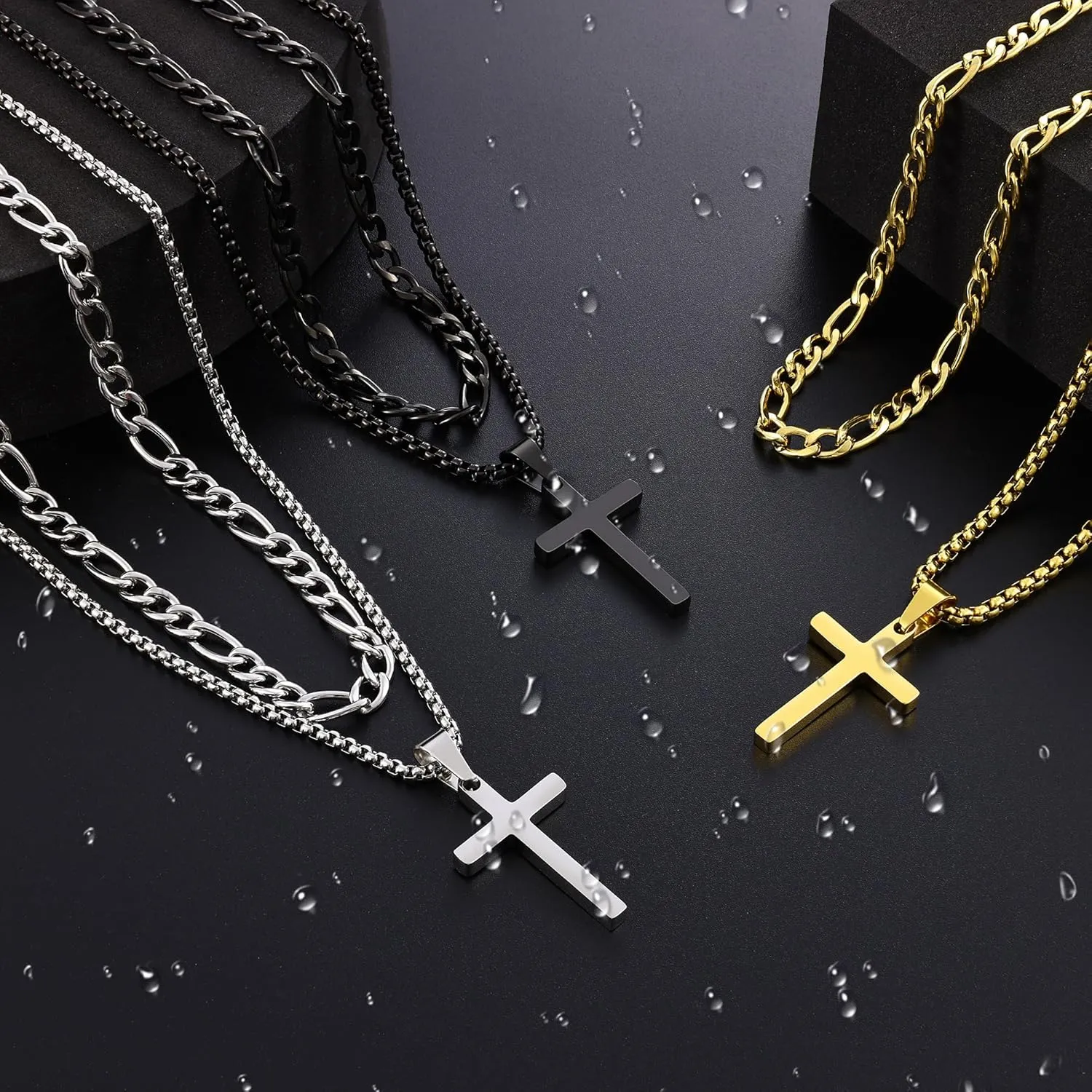 Fiusem 2 Pcs Cross Necklace Chain for Men and Women, Stainless Steel Layered Mens Cross Necklaces with Pendant, Figaro and Box Chain 16-24 Inch