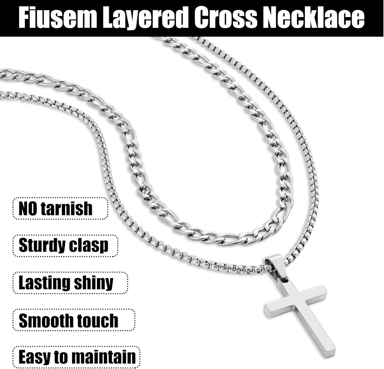 Fiusem 2 Pcs Cross Necklace Chain for Men and Women, Stainless Steel Layered Mens Cross Necklaces with Pendant, Figaro and Box Chain 16-24 Inch