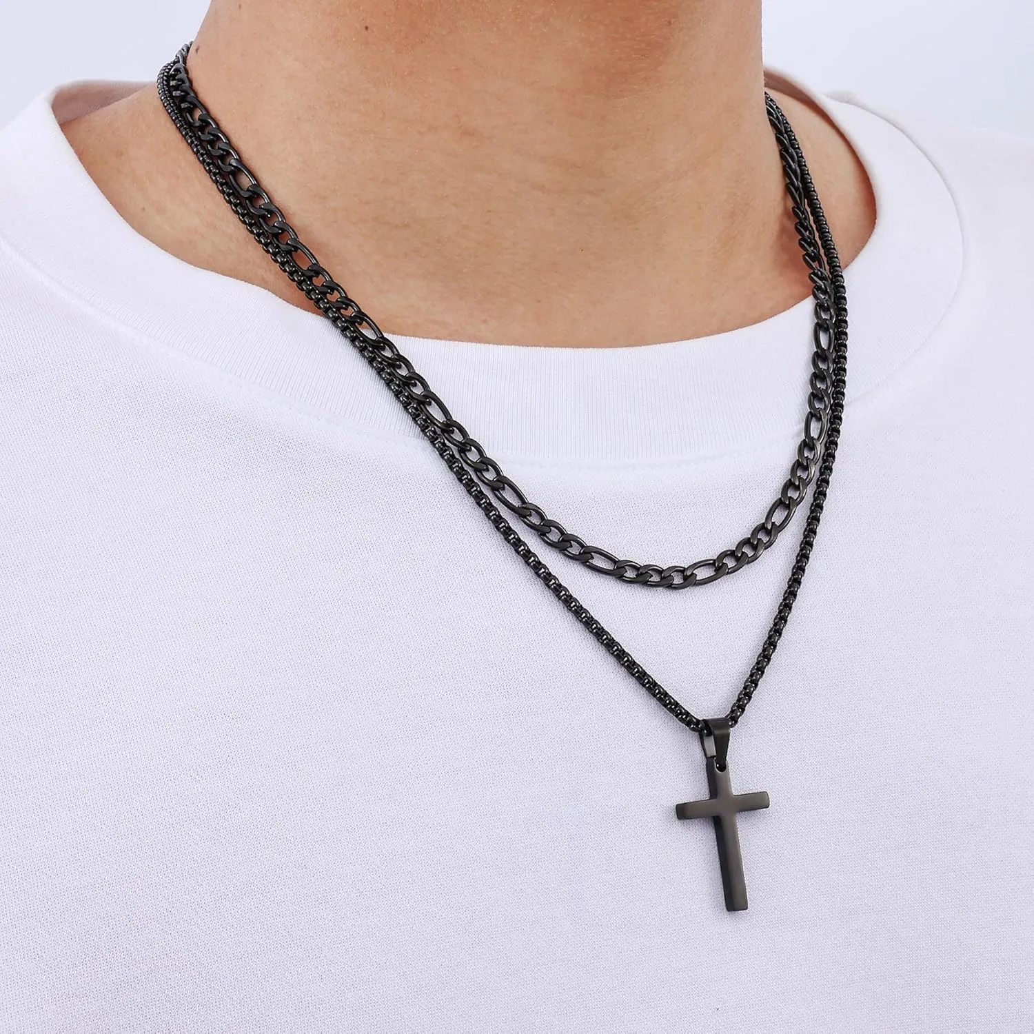 Fiusem 2 Pcs Cross Necklace Chain for Men and Women, Stainless Steel Layered Mens Cross Necklaces with Pendant, Figaro and Box Chain 16-24 Inch