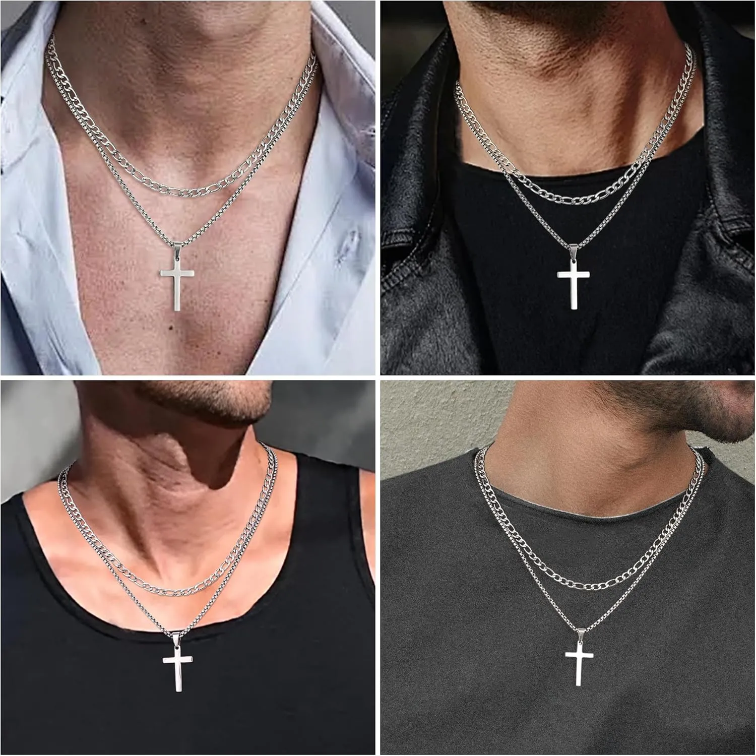 Fiusem 2 Pcs Cross Necklace Chain for Men and Women, Stainless Steel Layered Mens Cross Necklaces with Pendant, Figaro and Box Chain 16-24 Inch