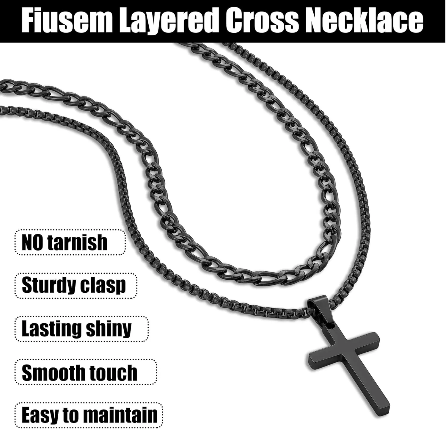 Fiusem 2 Pcs Cross Necklace Chain for Men and Women, Stainless Steel Layered Mens Cross Necklaces with Pendant, Figaro and Box Chain 16-24 Inch