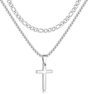 Fiusem 2 Pcs Cross Necklace Chain for Men and Women, Stainless Steel Layered Mens Cross Necklaces with Pendant, Figaro and Box Chain 16-24 Inch
