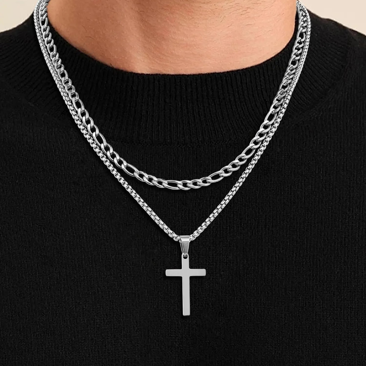 Fiusem 2 Pcs Cross Necklace Chain for Men and Women, Stainless Steel Layered Mens Cross Necklaces with Pendant, Figaro and Box Chain 16-24 Inch