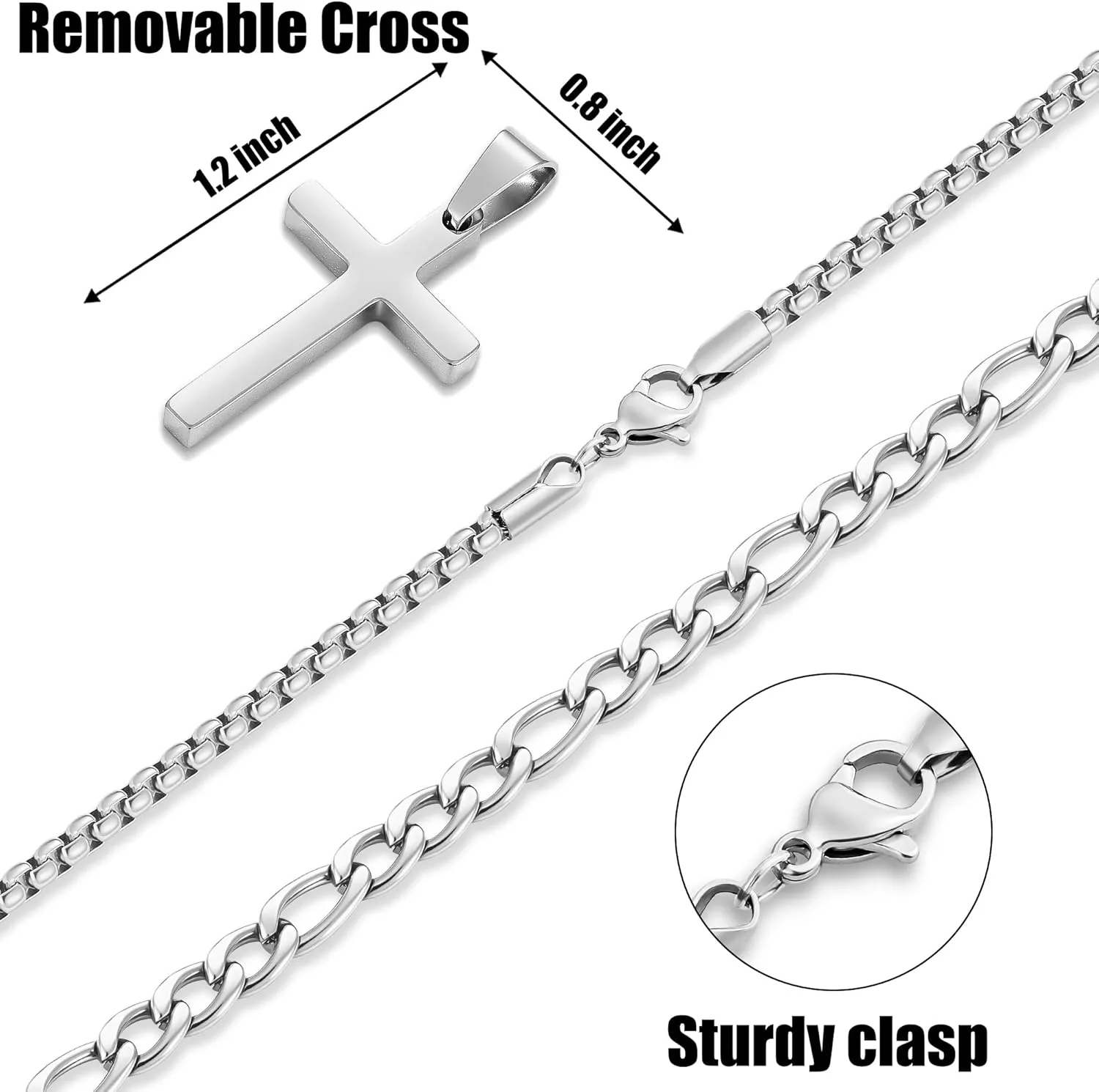 Fiusem 2 Pcs Cross Necklace Chain for Men and Women, Stainless Steel Layered Mens Cross Necklaces with Pendant, Figaro and Box Chain 16-24 Inch