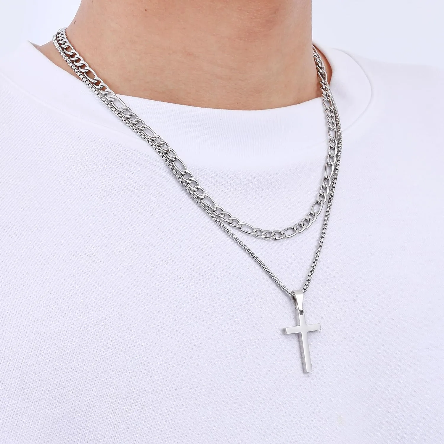 Fiusem 2 Pcs Cross Necklace Chain for Men and Women, Stainless Steel Layered Mens Cross Necklaces with Pendant, Figaro and Box Chain 16-24 Inch