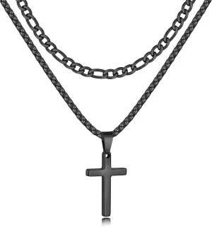 Fiusem 2 Pcs Cross Necklace Chain for Men and Women, Stainless Steel Layered Mens Cross Necklaces with Pendant, Figaro and Box Chain 16-24 Inch