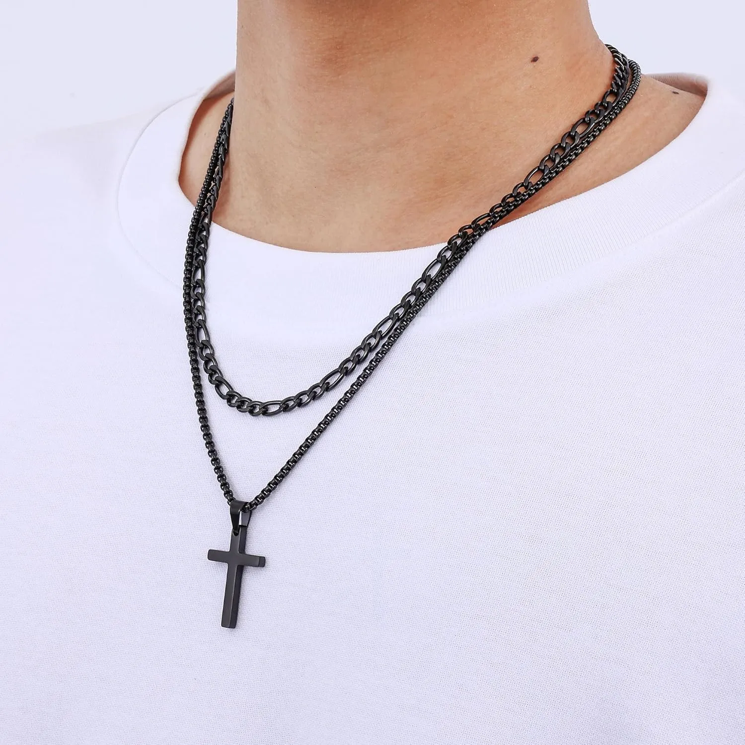 Fiusem 2 Pcs Cross Necklace Chain for Men and Women, Stainless Steel Layered Mens Cross Necklaces with Pendant, Figaro and Box Chain 16-24 Inch