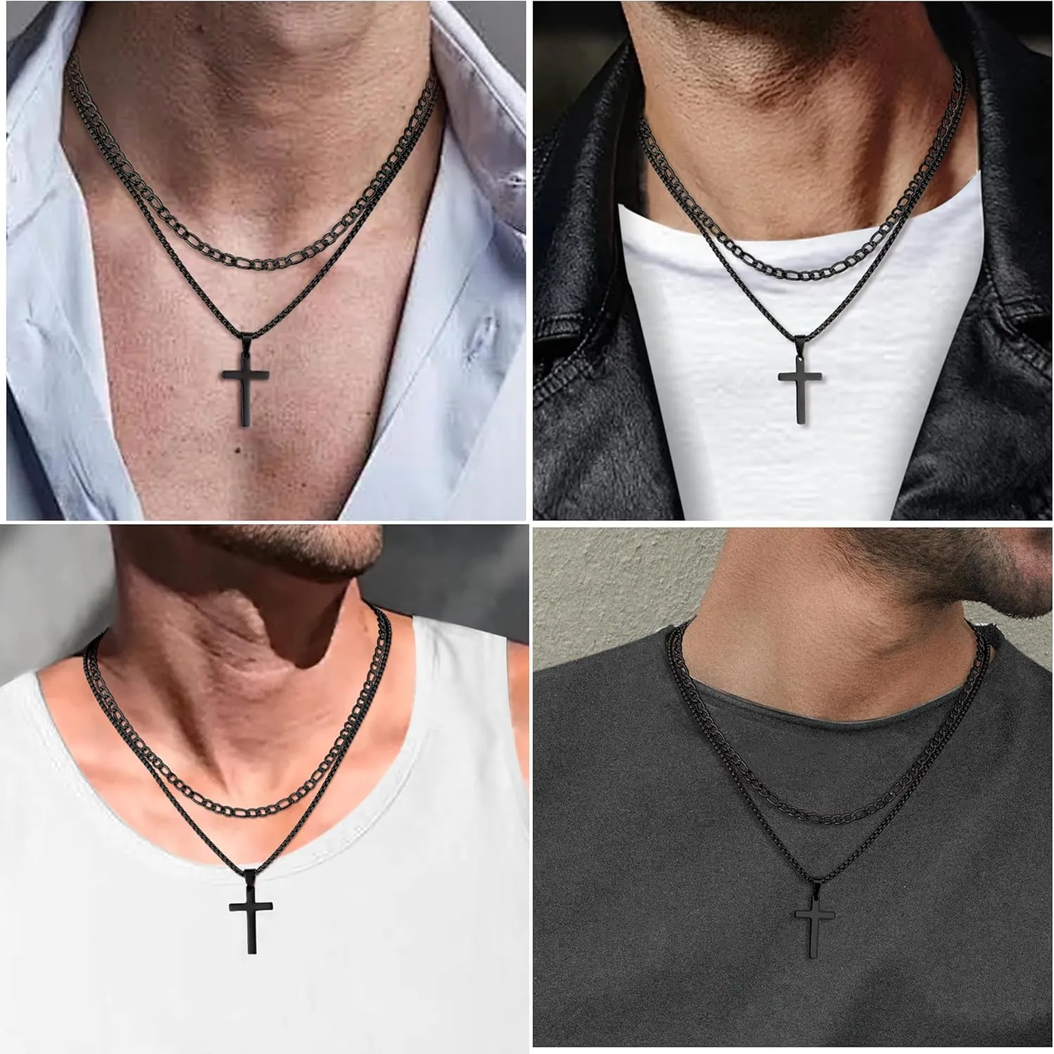 Fiusem 2 Pcs Cross Necklace Chain for Men and Women, Stainless Steel Layered Mens Cross Necklaces with Pendant, Figaro and Box Chain 16-24 Inch