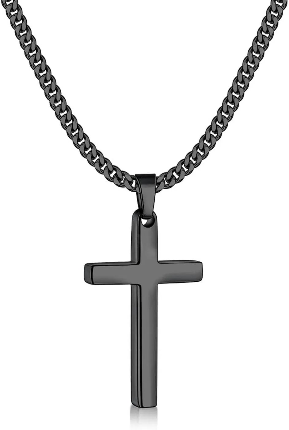 Fiusem Cross Necklace for Men, Black Mens Cross Necklaces with 3.5mm Cross Chain and Stainless Steel Cross Pendant Small, Cuban Chain 24 Inch