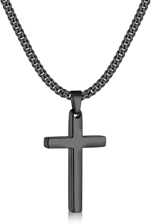 Fiusem Cross Necklace for Men, Black Mens Cross Necklaces with 3.5mm Cross Chain and Stainless Steel Cross Pendant Small, Cuban Chain 24 Inch