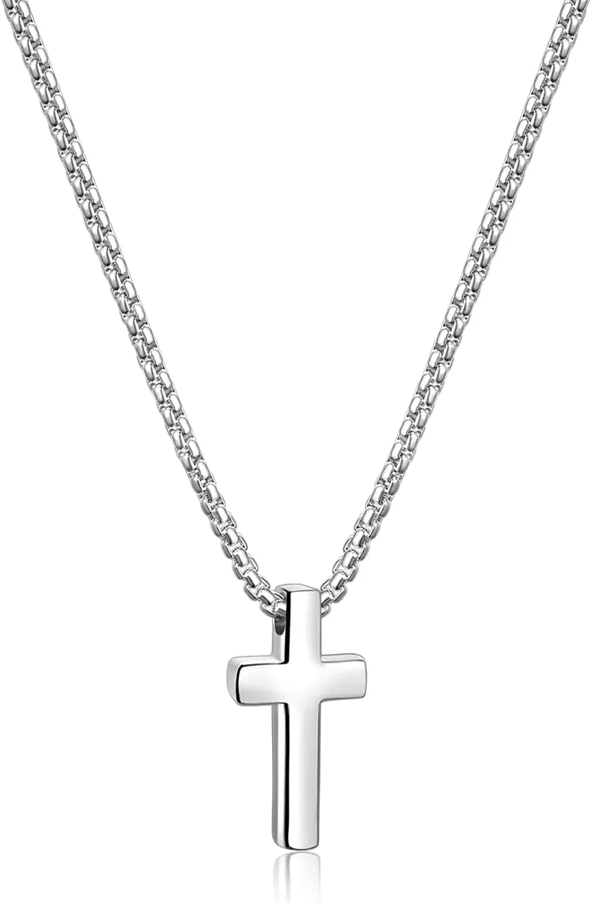 Fiusem Cross Necklace for Men, Silver/Gold/Black Mens Cross Necklaces with 2.5mm Cross Chain and Stainless Steel Cross Pendant, Box Chain 16-24 Inch