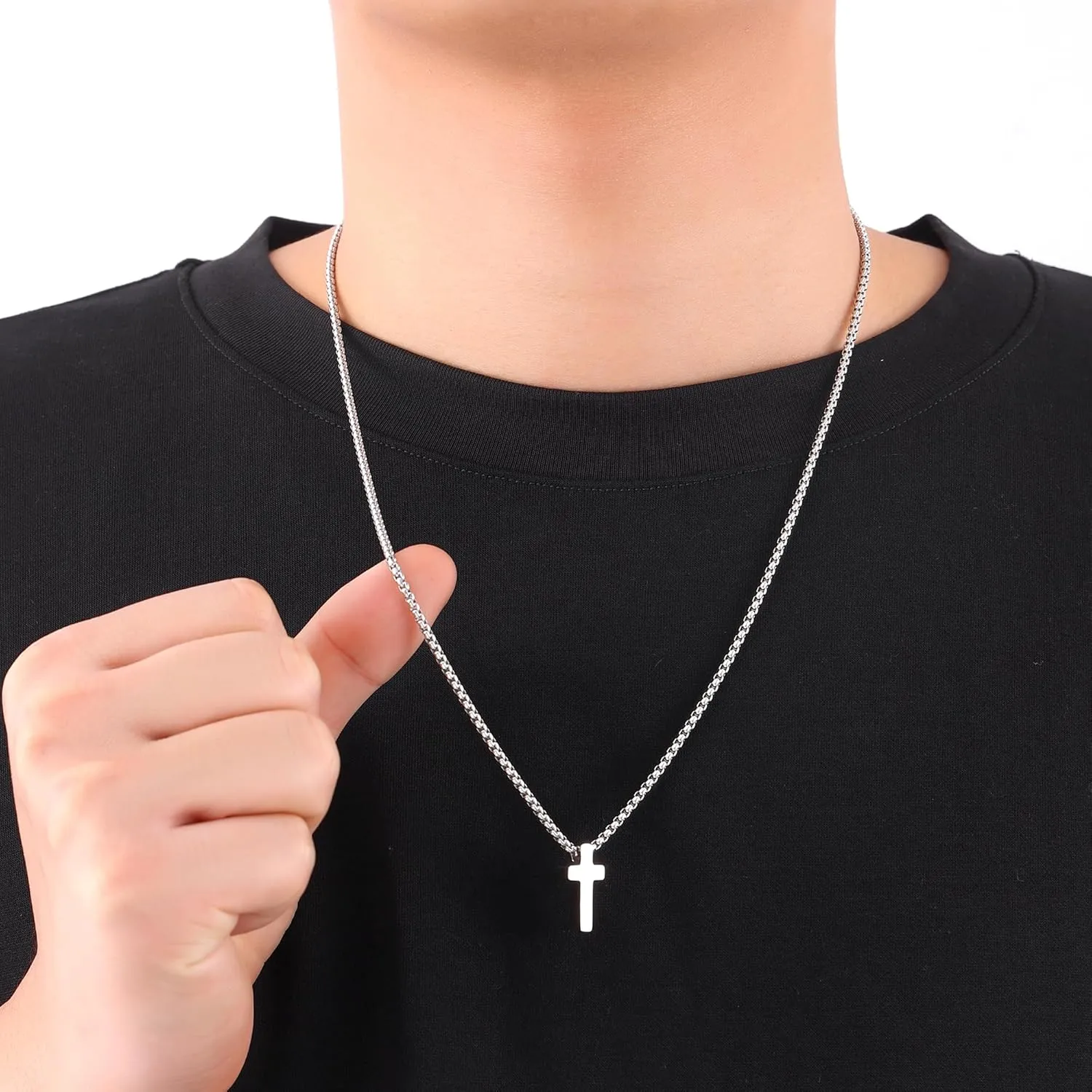 Fiusem Cross Necklace for Men, Silver/Gold/Black Mens Cross Necklaces with 2.5mm Cross Chain and Stainless Steel Cross Pendant, Box Chain 16-24 Inch