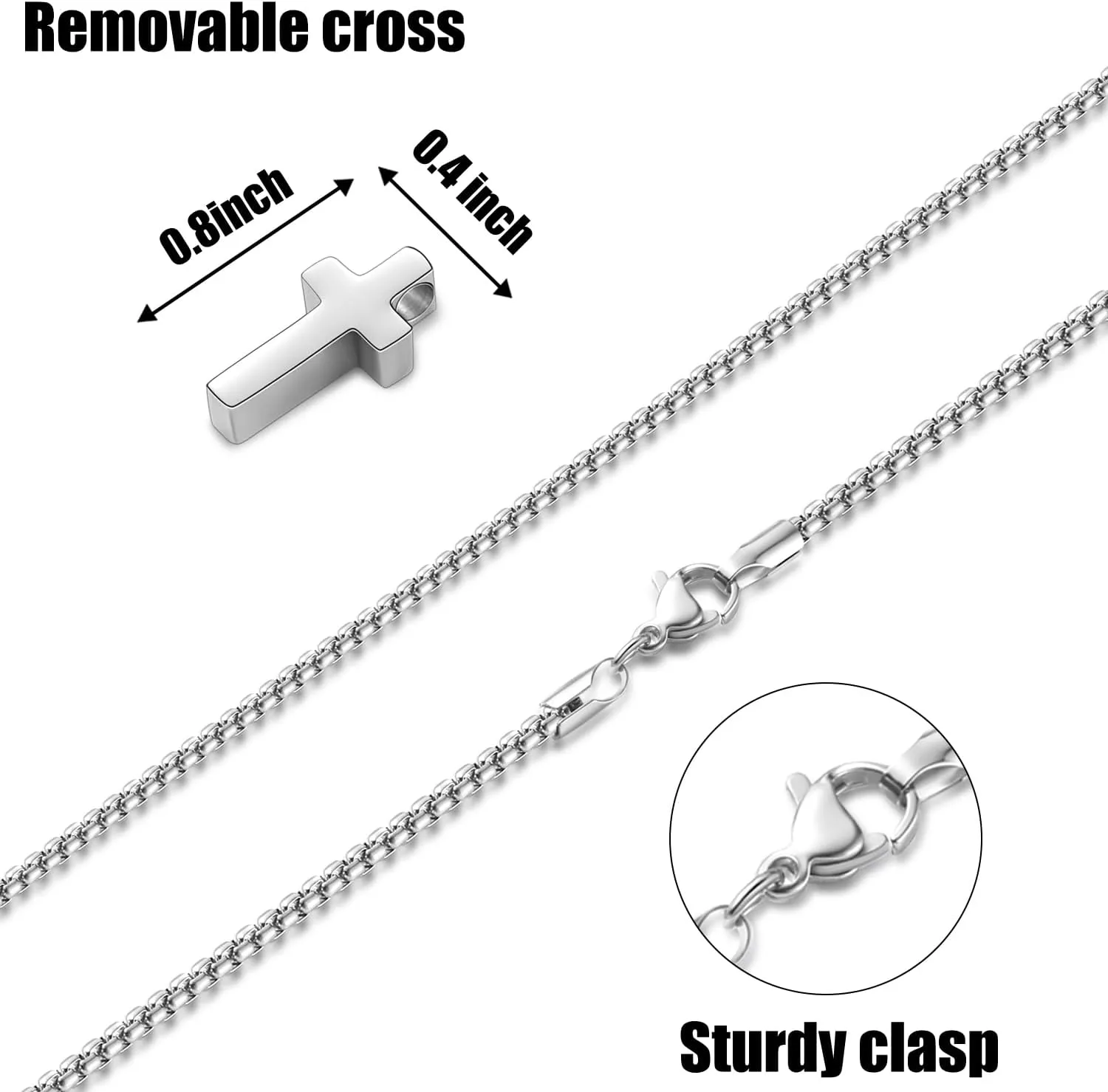 Fiusem Cross Necklace for Men, Silver/Gold/Black Mens Cross Necklaces with 2.5mm Cross Chain and Stainless Steel Cross Pendant, Box Chain 16-24 Inch