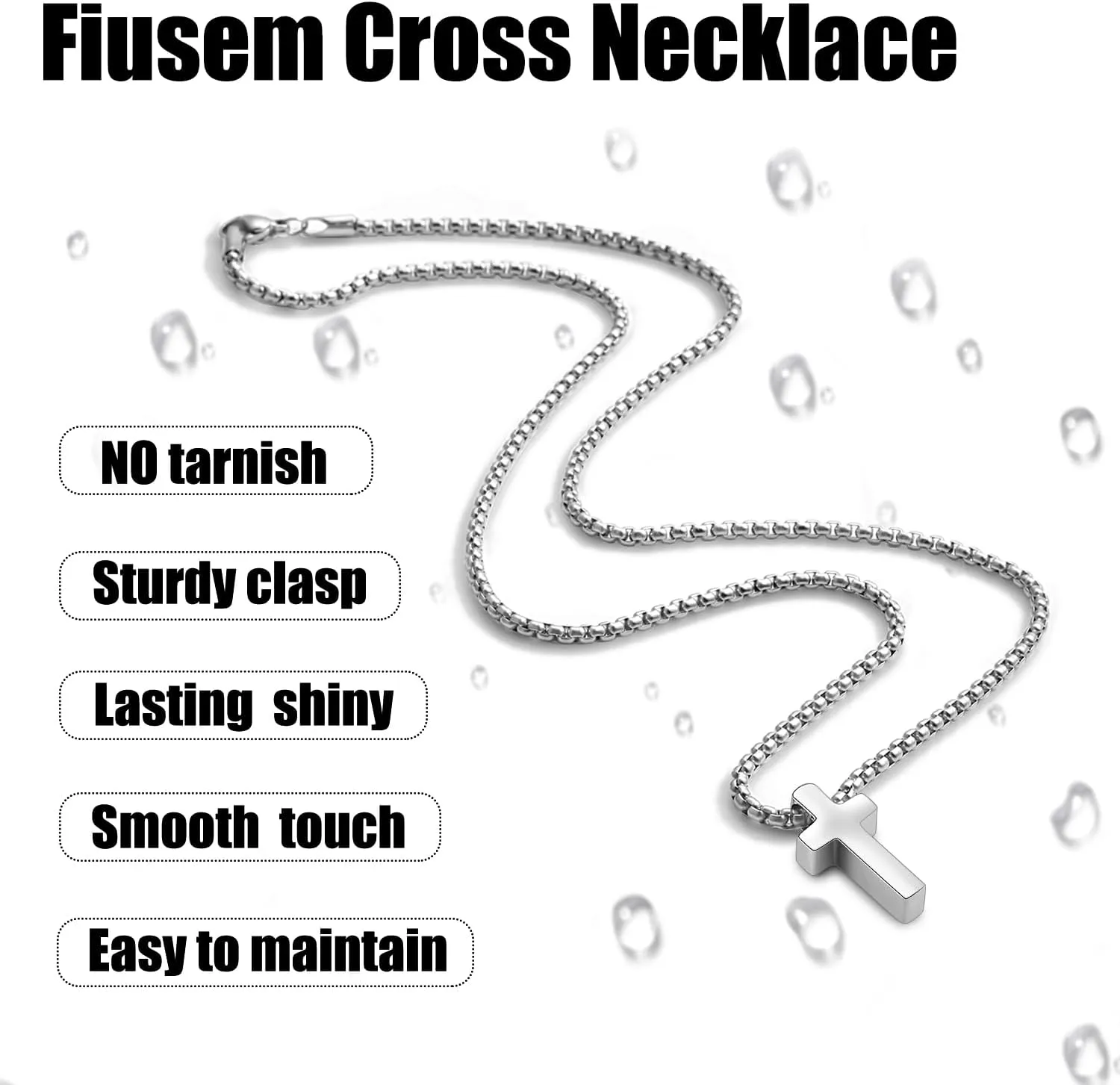 Fiusem Cross Necklace for Men, Silver/Gold/Black Mens Cross Necklaces with 2.5mm Cross Chain and Stainless Steel Cross Pendant, Box Chain 16-24 Inch