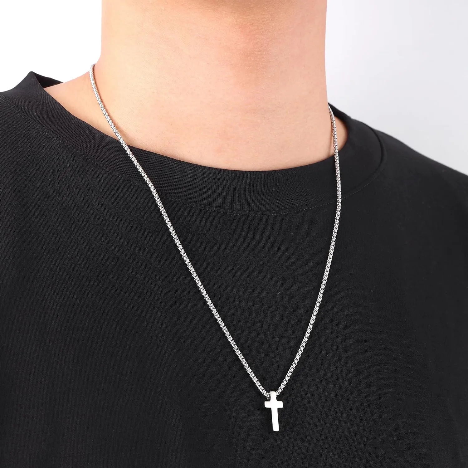 Fiusem Cross Necklace for Men, Silver/Gold/Black Mens Cross Necklaces with 2.5mm Cross Chain and Stainless Steel Cross Pendant, Box Chain 16-24 Inch