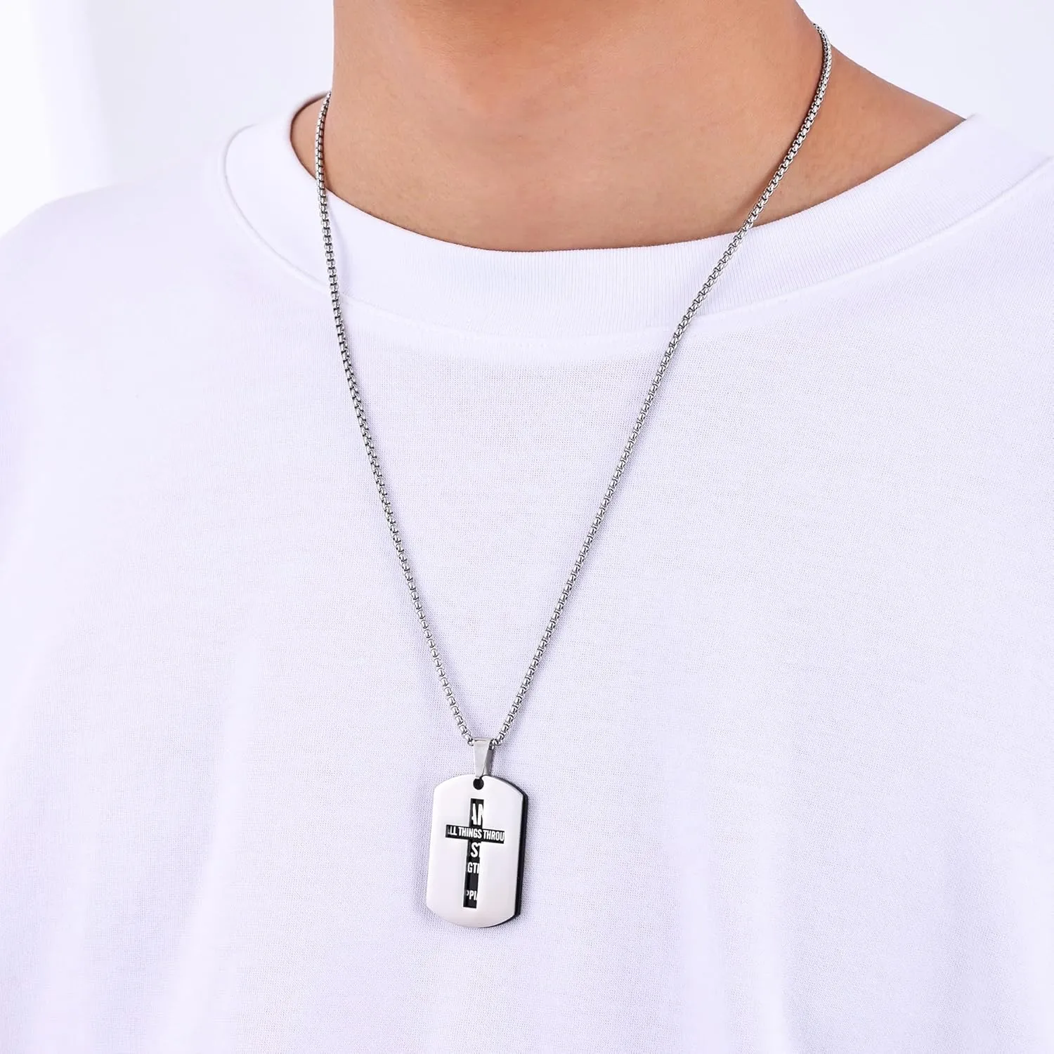 Fiusem Dog Tag Necklace for Men, Inspirational Bible Verse Cross Necklace for Men 24 Inches Chain