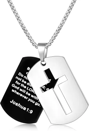 Fiusem Dog Tag Necklace for Men, Inspirational Bible Verse Cross Necklace for Men 24 Inches Chain