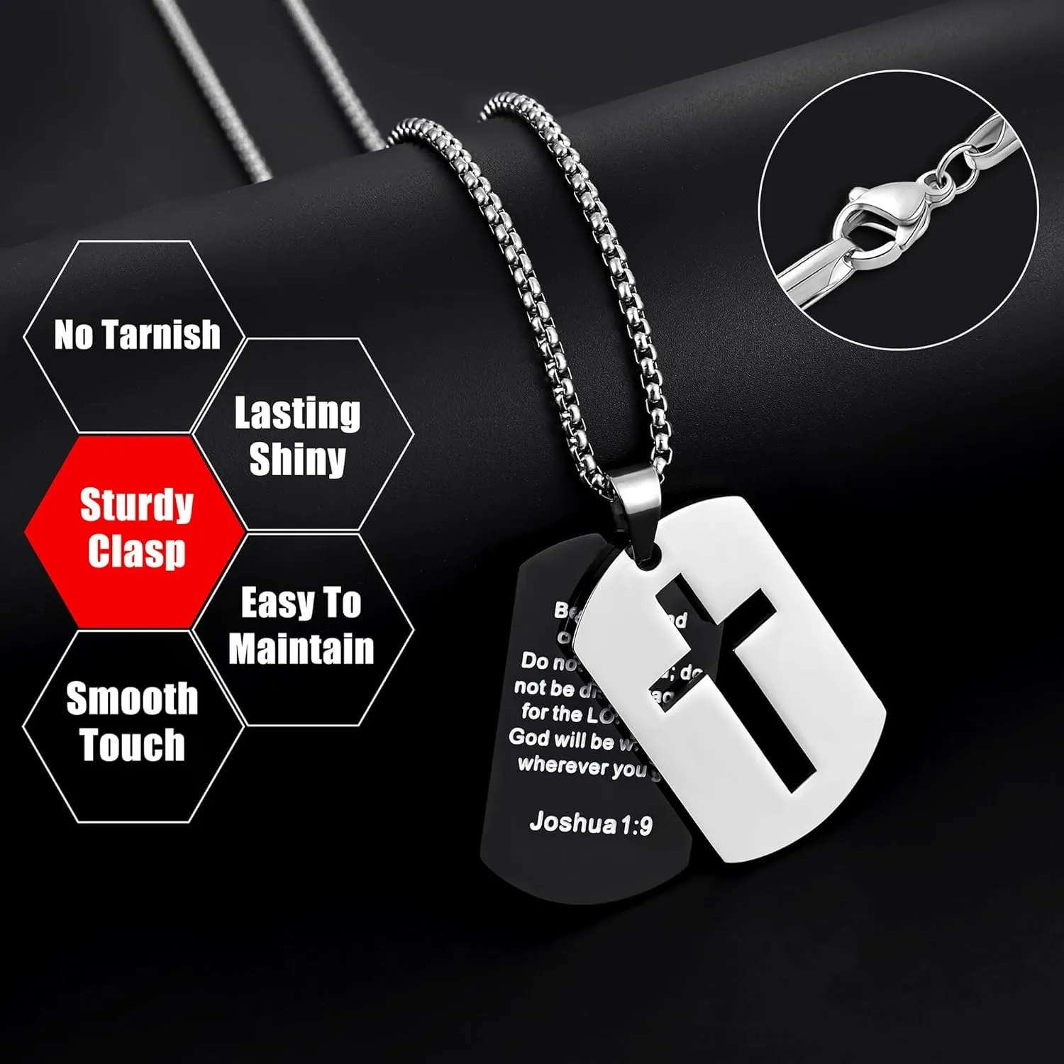 Fiusem Dog Tag Necklace for Men, Inspirational Bible Verse Cross Necklace for Men 24 Inches Chain