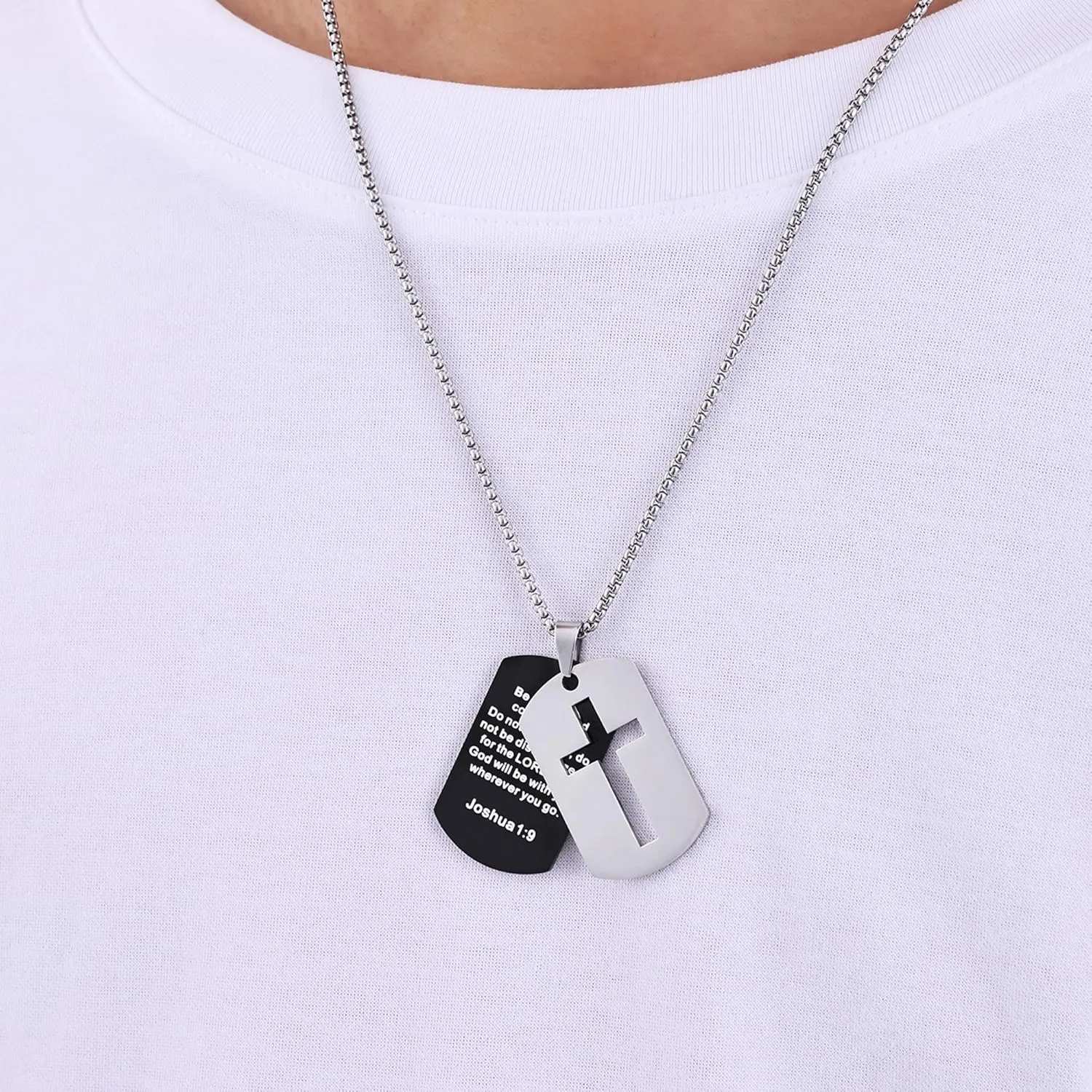 Fiusem Dog Tag Necklace for Men, Inspirational Bible Verse Cross Necklace for Men 24 Inches Chain