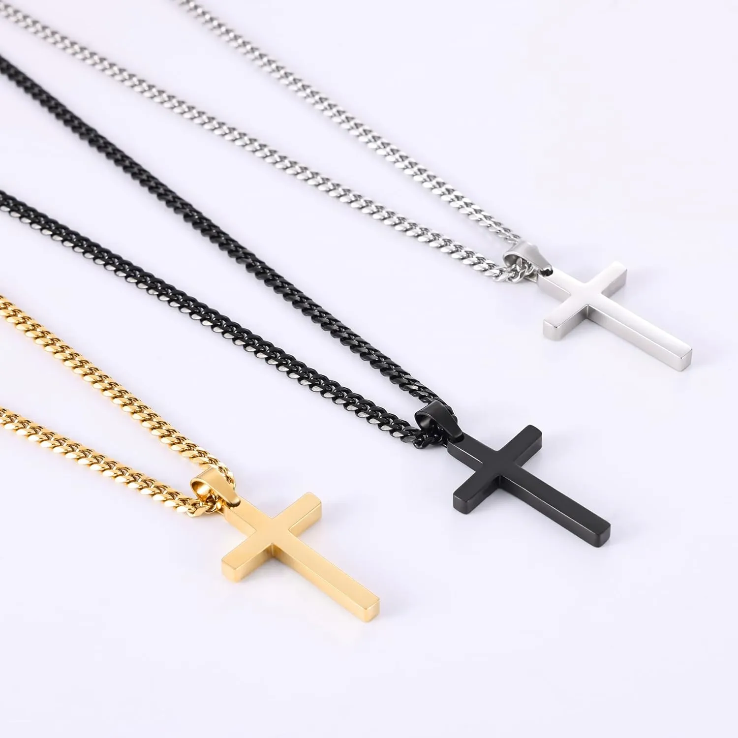 Fiusem Gold Plated Cross Necklace for Men, Mens Cross Necklaces with 3.5mm Chain and Stainless Steel Pendant, Cuban Chain 16-24 Inch
