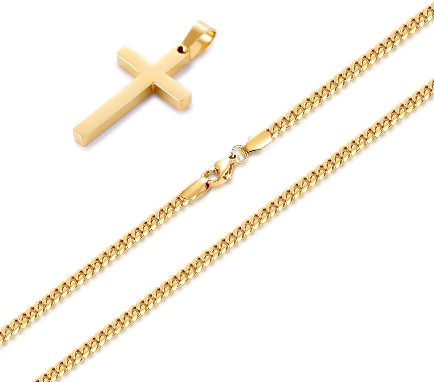 Fiusem Gold Plated Cross Necklace for Men, Mens Cross Necklaces with 3.5mm Chain and Stainless Steel Pendant, Cuban Chain 16-24 Inch