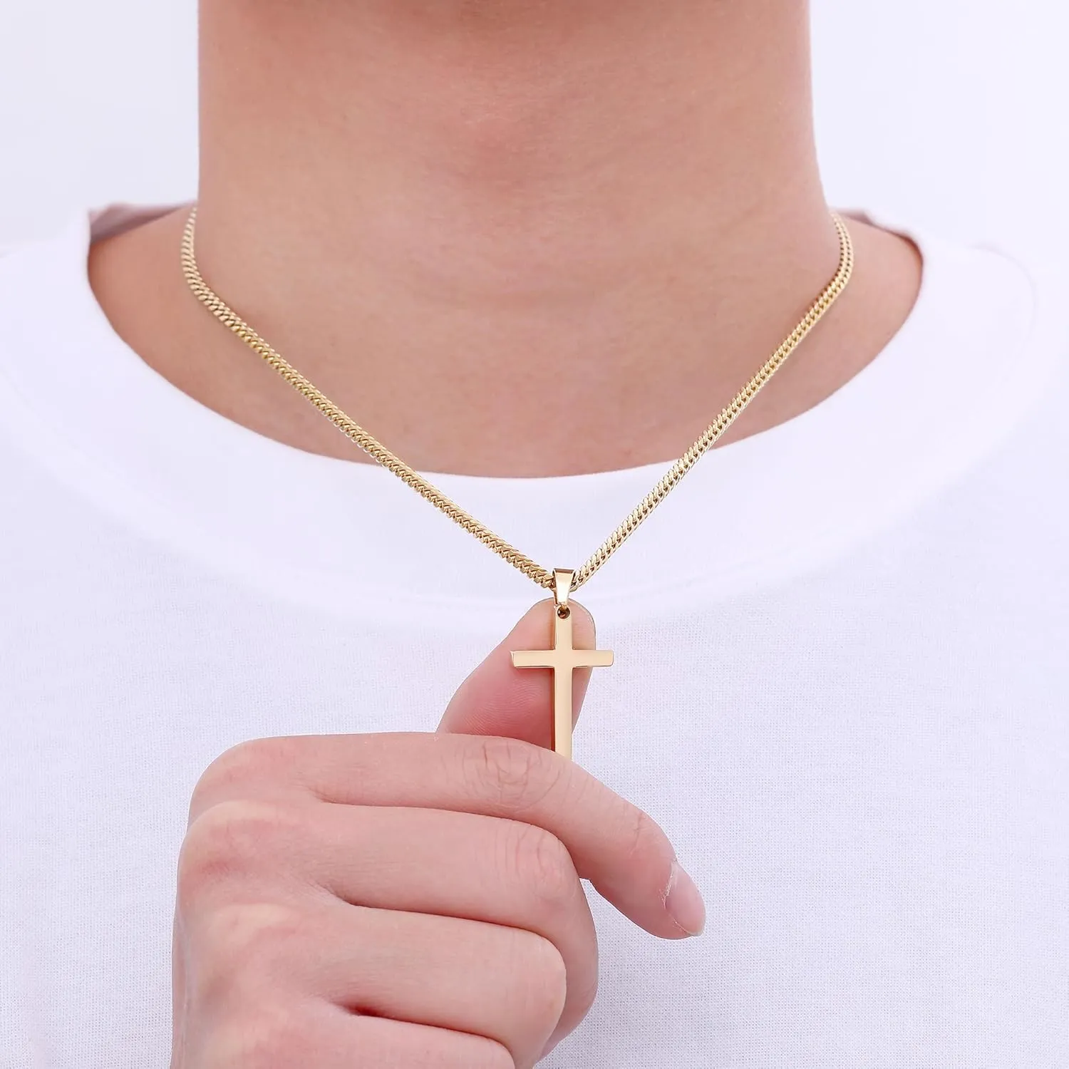 Fiusem Gold Plated Cross Necklace for Men, Mens Cross Necklaces with 3.5mm Chain and Stainless Steel Pendant, Cuban Chain 16-24 Inch