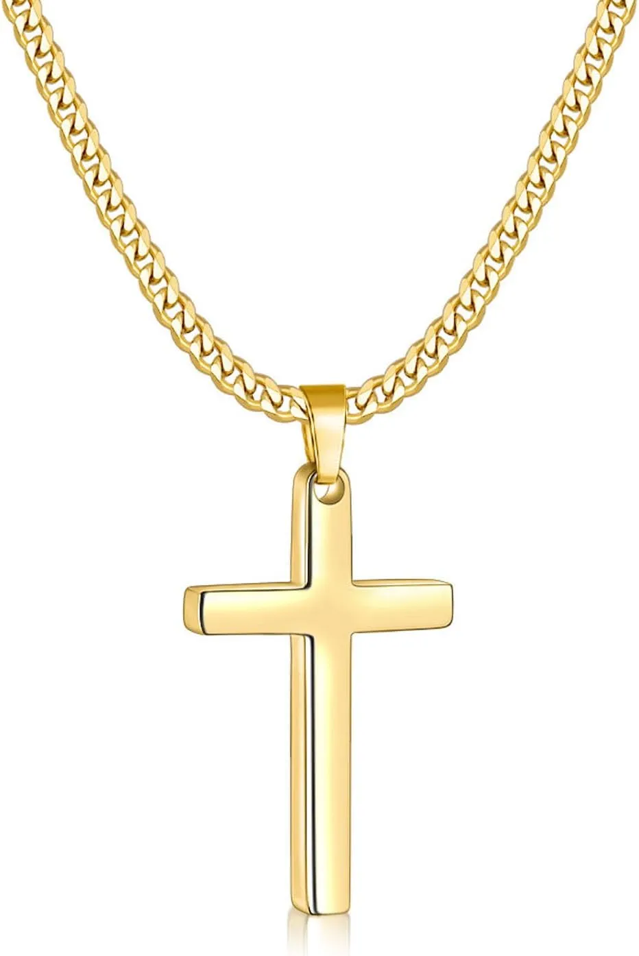 Fiusem Gold Plated Cross Necklace for Men, Mens Cross Necklaces with 3.5mm Chain and Stainless Steel Pendant, Cuban Chain 16-24 Inch