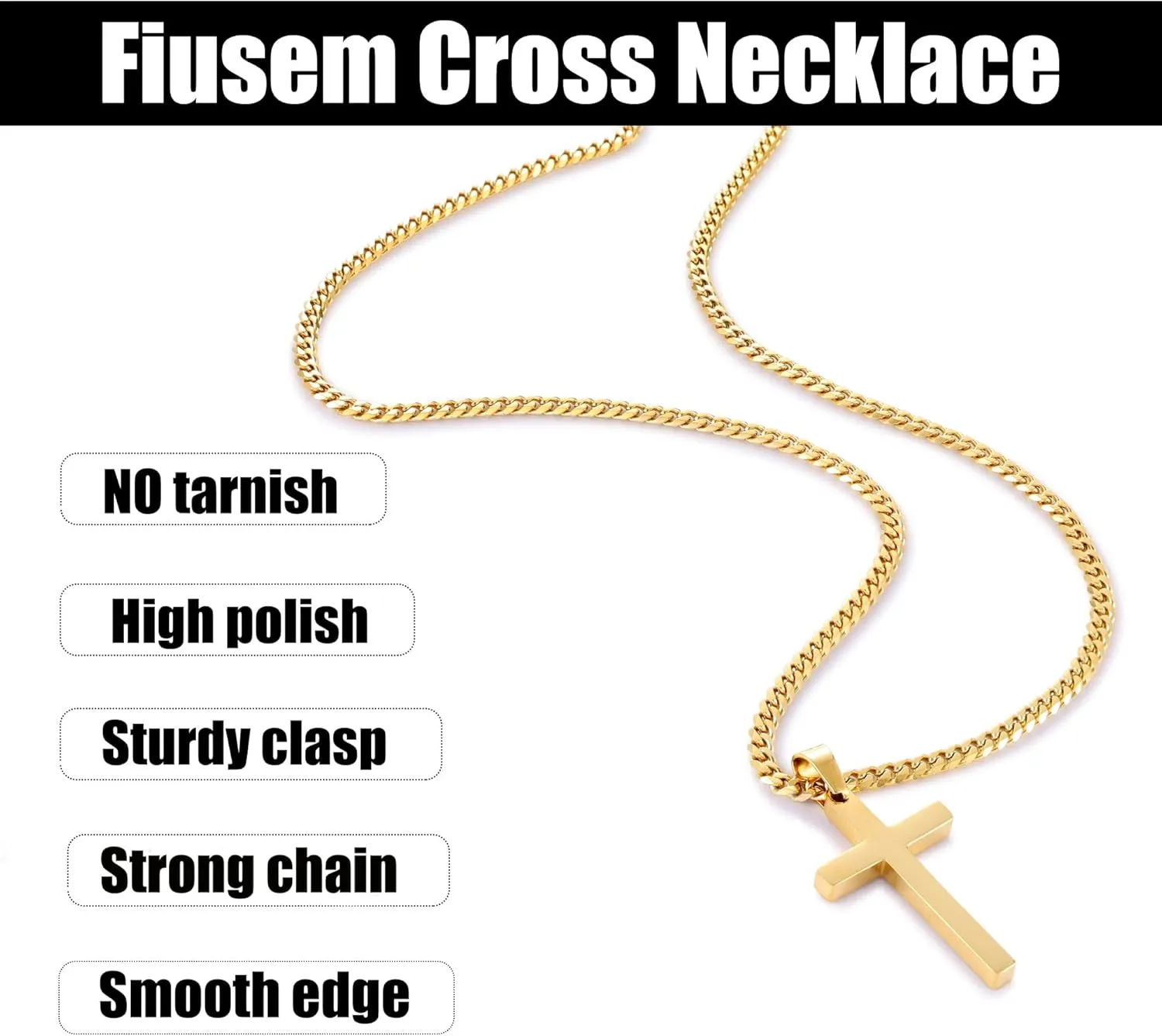 Fiusem Gold Plated Cross Necklace for Men, Mens Cross Necklaces with 3.5mm Chain and Stainless Steel Pendant, Cuban Chain 16-24 Inch