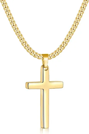 Fiusem Gold Plated Cross Necklace for Men, Mens Cross Necklaces with 3.5mm Chain and Stainless Steel Pendant, Cuban Chain 16-24 Inch