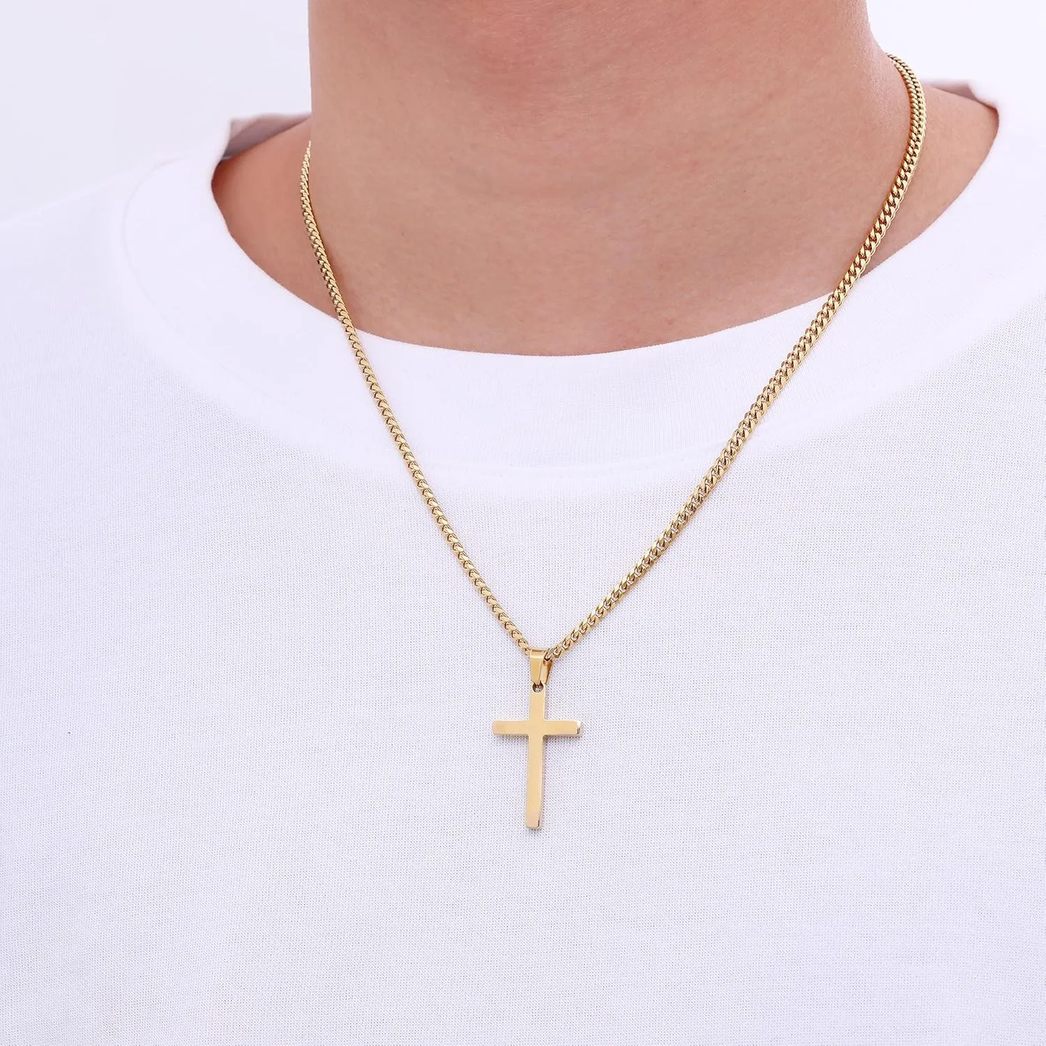 Fiusem Gold Plated Cross Necklace for Men, Mens Cross Necklaces with 3.5mm Chain and Stainless Steel Pendant, Cuban Chain 16-24 Inch