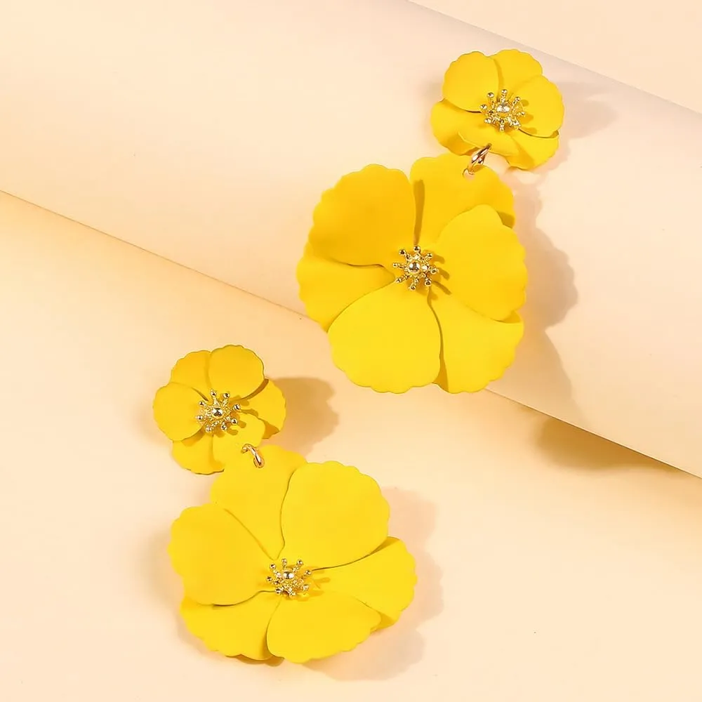 Flower Dangle Earrings Boho Layered Floral Petal Drop Earrings Statement Beach Large Double Flower Stud Earring for Women Statement Vacation Jewelry