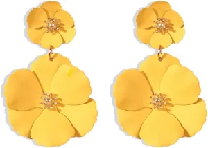 Flower Dangle Earrings Boho Layered Floral Petal Drop Earrings Statement Beach Large Double Flower Stud Earring for Women Statement Vacation Jewelry