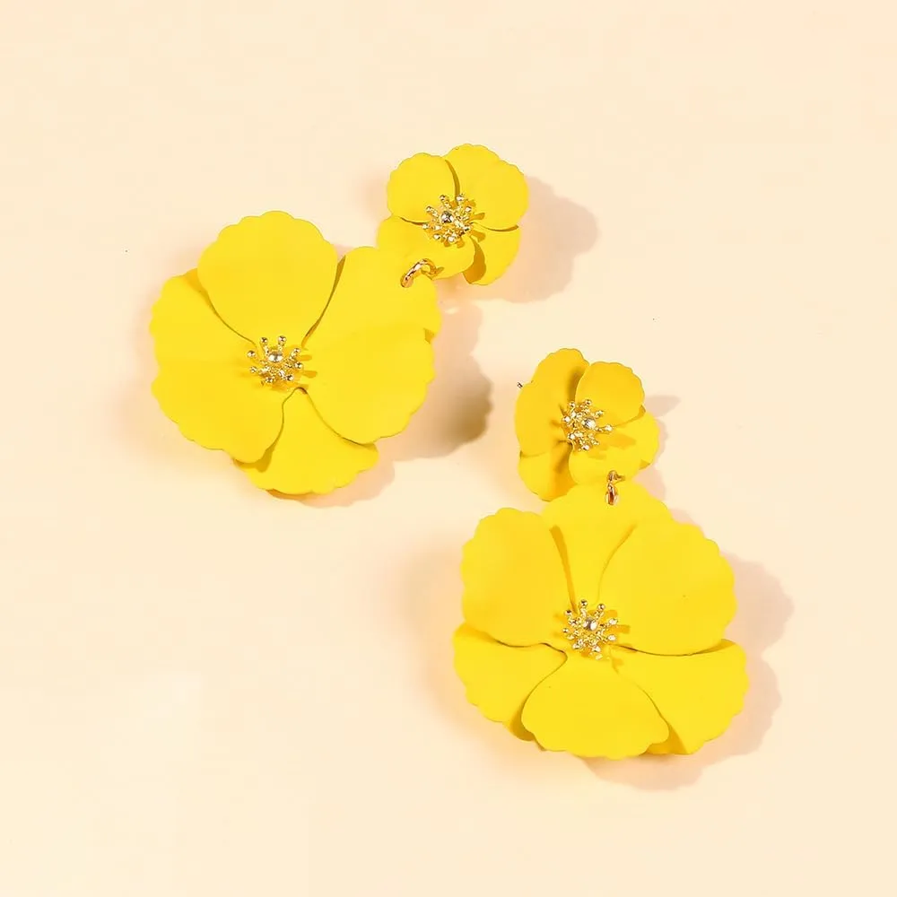 Flower Dangle Earrings Boho Layered Floral Petal Drop Earrings Statement Beach Large Double Flower Stud Earring for Women Statement Vacation Jewelry