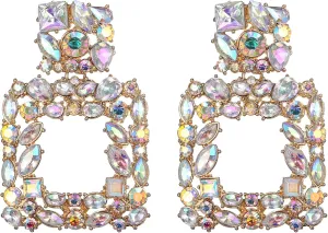 Flyonce Rhinestone Square Dangle Earrings, Austrian Crystal Geometric Statement Pierced Earrings