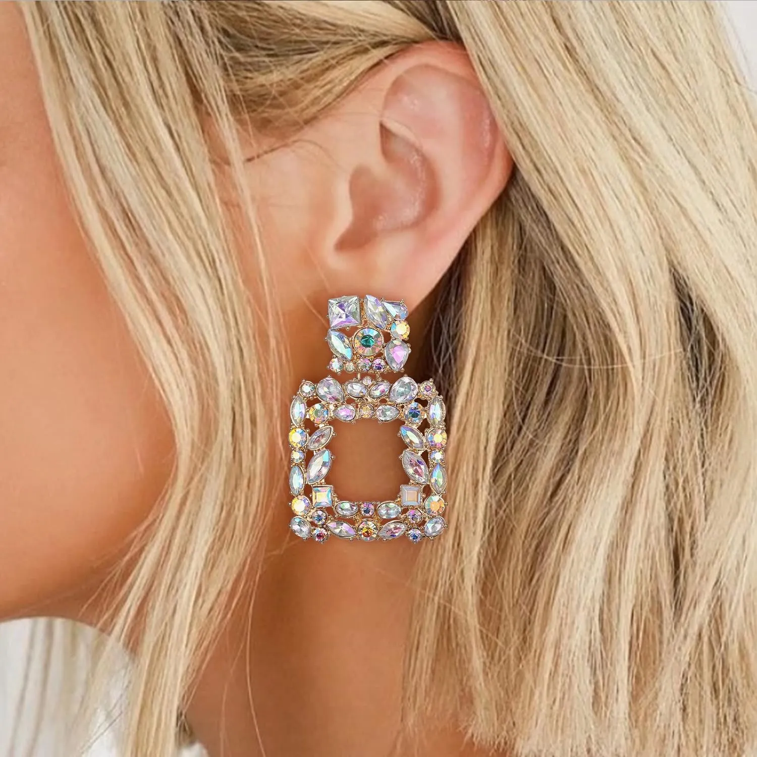 Flyonce Rhinestone Square Dangle Earrings, Austrian Crystal Geometric Statement Pierced Earrings