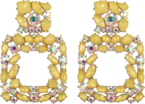 Flyonce Rhinestone Square Dangle Earrings, Austrian Crystal Geometric Statement Pierced Earrings