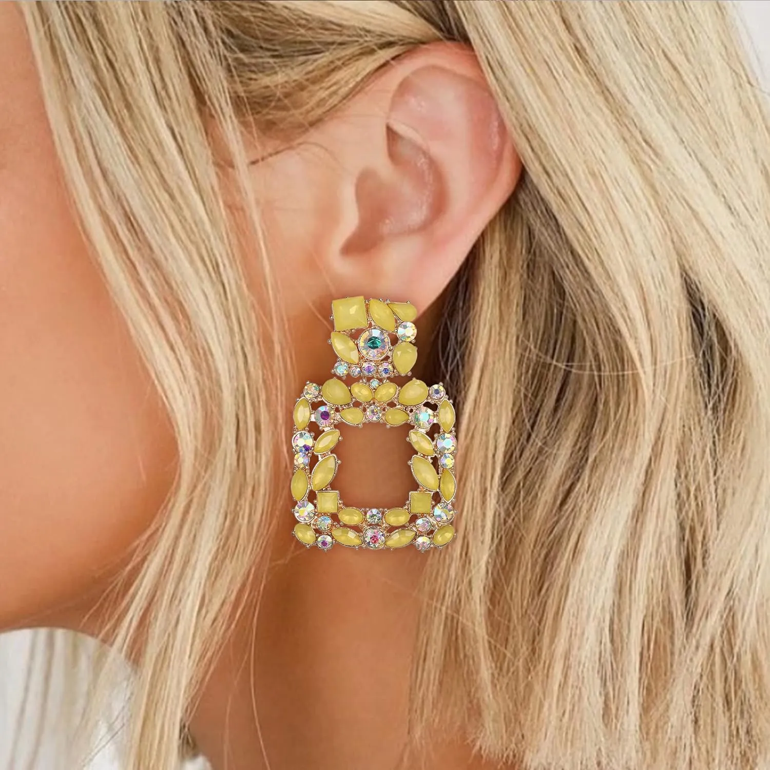 Flyonce Rhinestone Square Dangle Earrings, Austrian Crystal Geometric Statement Pierced Earrings