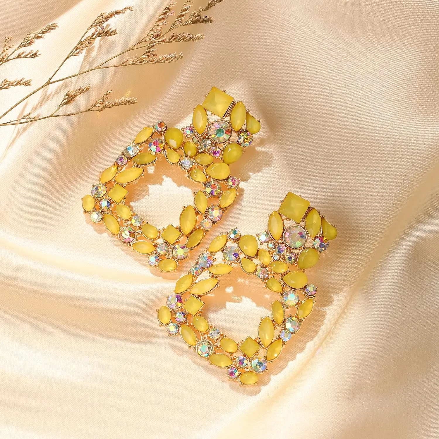 Flyonce Rhinestone Square Dangle Earrings, Austrian Crystal Geometric Statement Pierced Earrings