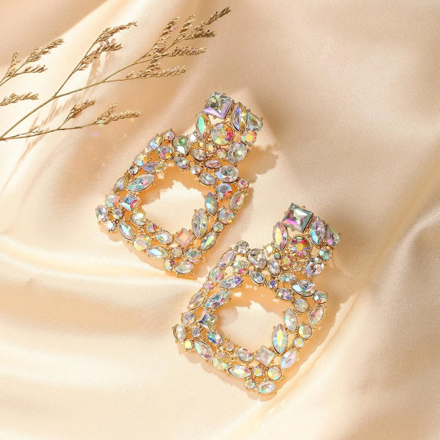 Flyonce Rhinestone Square Dangle Earrings, Austrian Crystal Geometric Statement Pierced Earrings