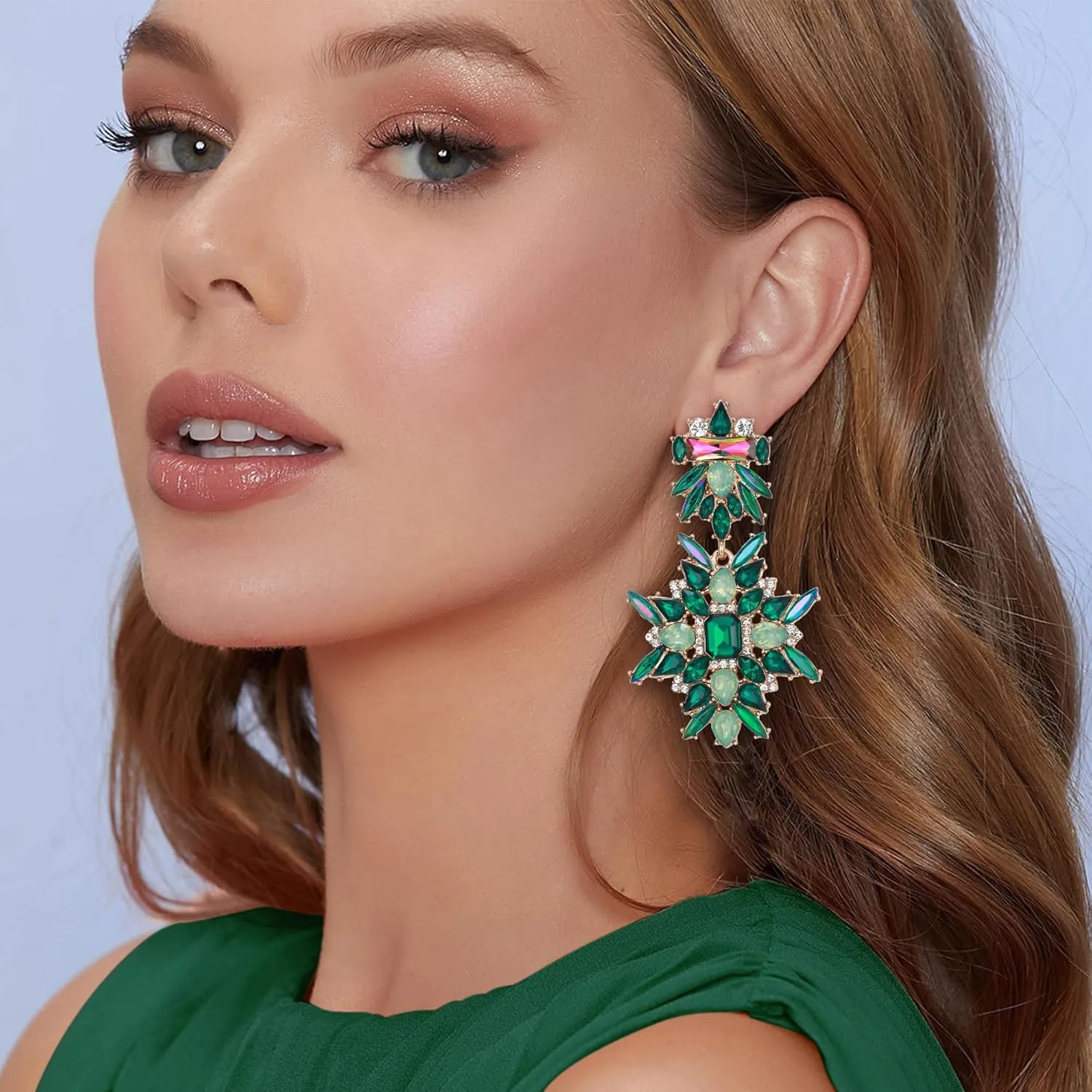 Flyonce Vintage Style Large Art Deco Rhinestone Crystal Chunky Statement Drop Dangle Earrings Wedding Prom Pageant Drag Queen Statement Earring Costume Jewelry for Women