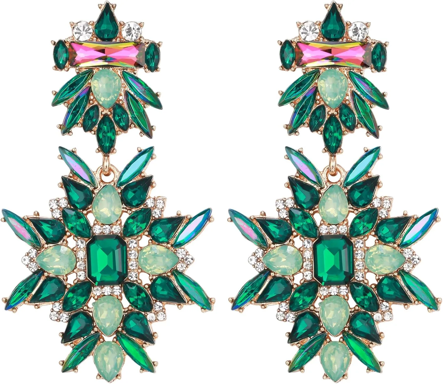 Flyonce Vintage Style Large Art Deco Rhinestone Crystal Chunky Statement Drop Dangle Earrings Wedding Prom Pageant Drag Queen Statement Earring Costume Jewelry for Women