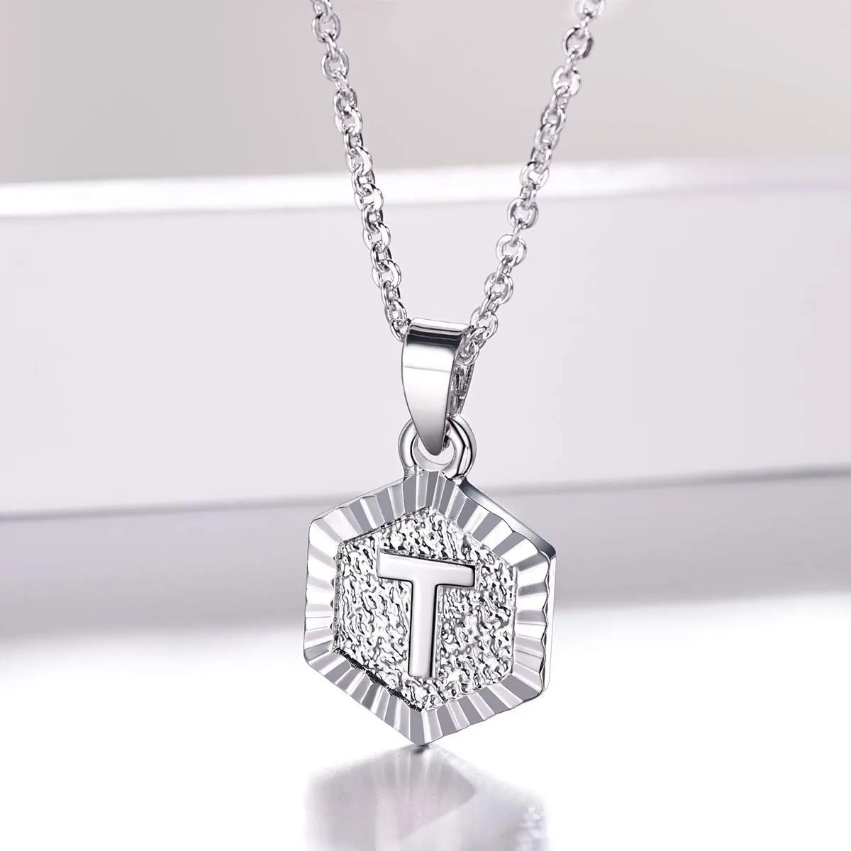 FOCALOOK Initial Necklaces for Women Yellow Gold/Platinum Plated Hexagon Letter Pendant Necklace 18 Inch