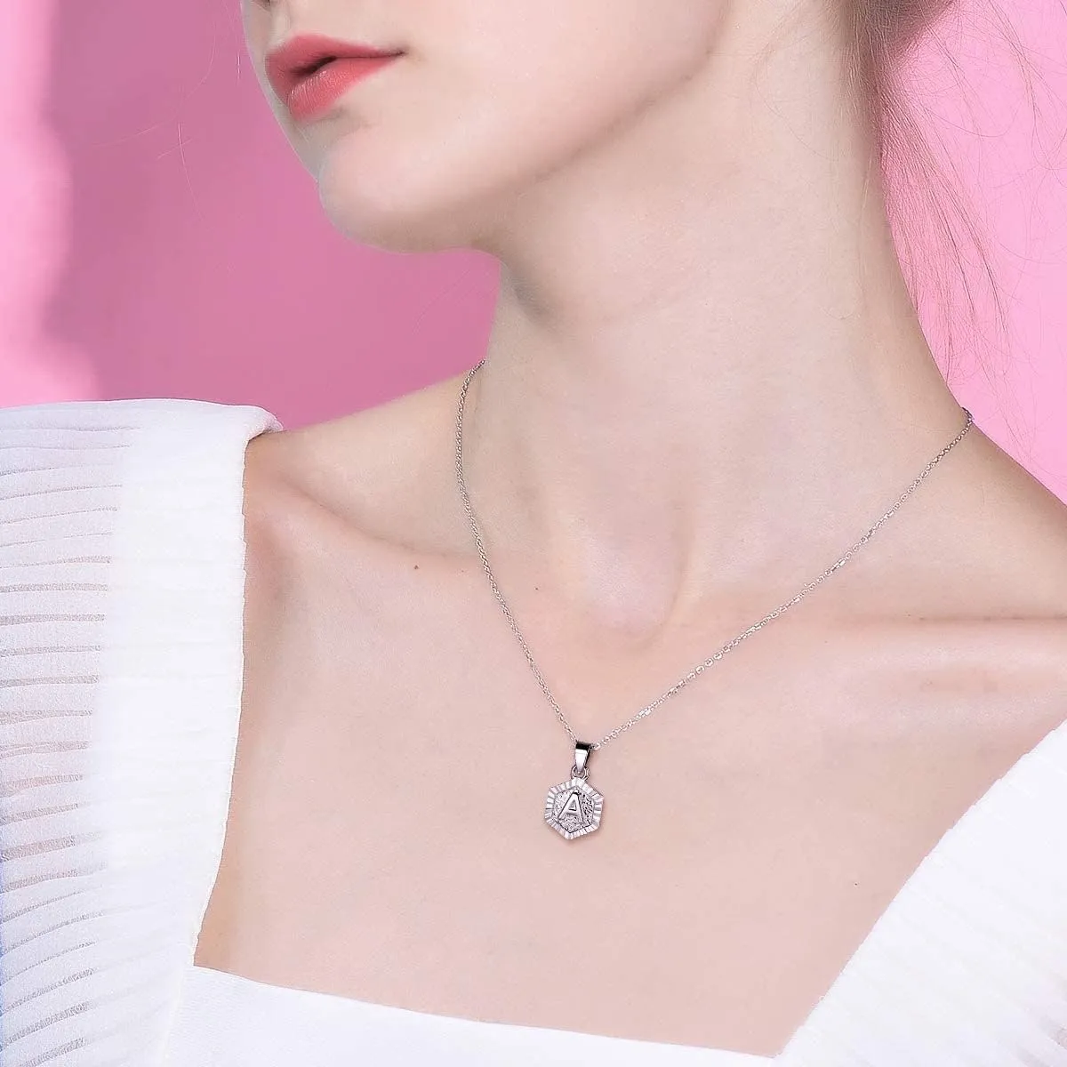 FOCALOOK Initial Necklaces for Women Yellow Gold/Platinum Plated Hexagon Letter Pendant Necklace 18 Inch